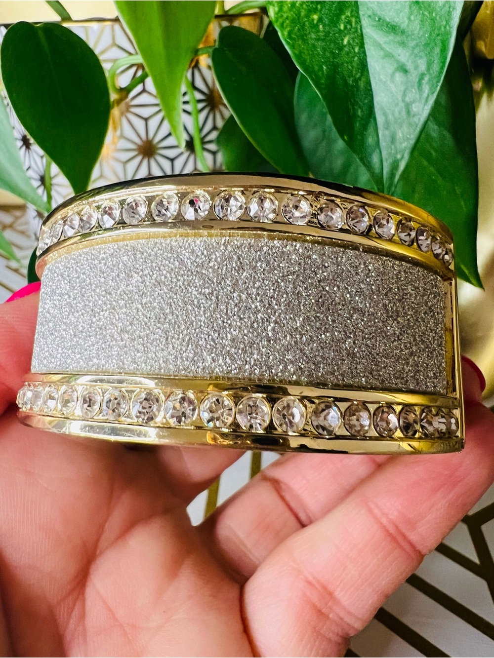 Gold Toned Glitter and Rhinestone Bangle Cuff Bracelet